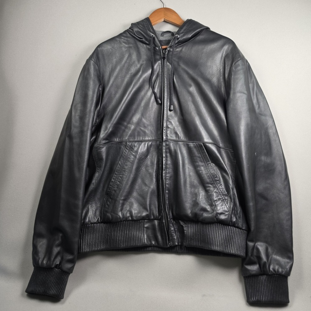 Carbon 2 Cobalt Mens Black Genuine Leather Hooded Bomber Jacket Size XL Full Zip